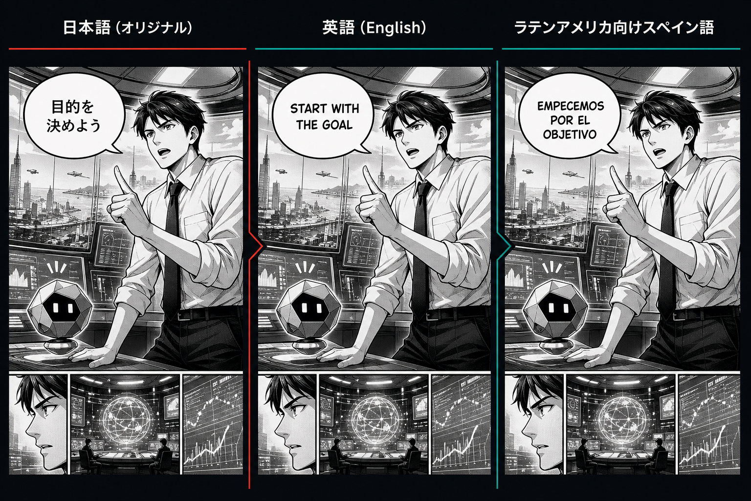架空マンガの日本語・英語・中南米スペイン語翻訳イメージ